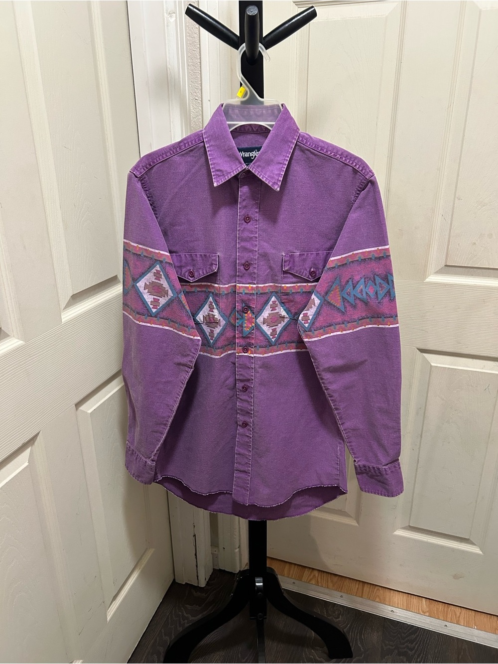 Vtg 90s Wrangler Brushpopper Purple Aztec  Southwestern Western Button Up Shirt